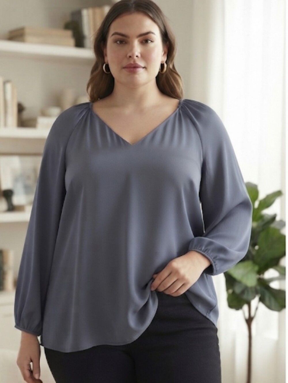 Black Silky Satin-Look Long Sleeve V-Neck Blouse Balloon Sleeve Slate Gray.